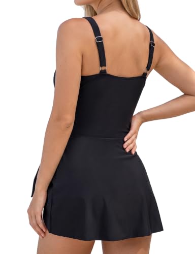 Women's Black Swim Dress with Tummy Control & Adjustable Straps - Large