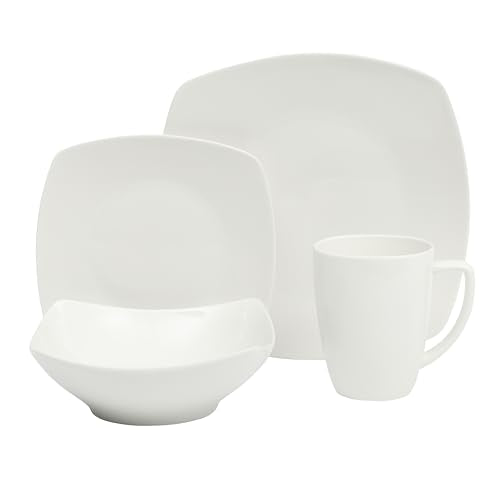 Gibson Home Zen Buffet White Porcelain Dinnerware Set for 4 - 16 Pieces, Square Plates Bowls & Mugs, Chip & Scratch Resistant, Dishwasher & Microwave Safe