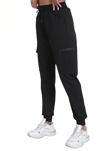 Women's Lightweight Cargo Hiking Pants with Pockets - Large, Dark Black, Elastic Leg Openings