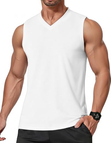 Men's Workout Tank Top V Neck Sleeveless Shirt - Large White - Quick Dry Activewear