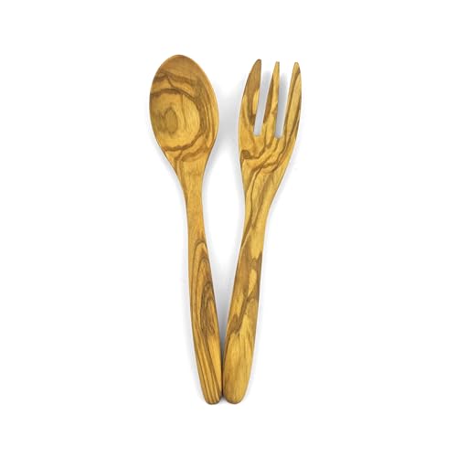 Olive Wood Spoon and Fork Set - 7 Inch Reusable Flatware for Dining & Picnics - Variation 1spoon1fork