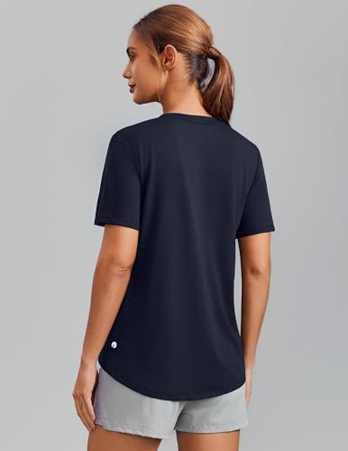 PINSPARK V Neck Workout Tops for Women Short Sleeve Quick Dry Shirt Large Dark Navy