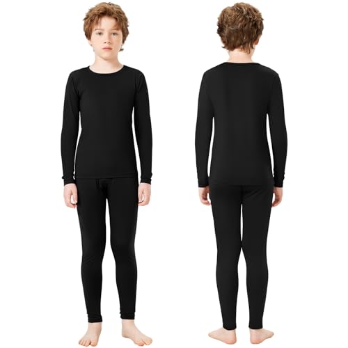 Kids Thermal Underwear Set for Boys - Fleece Lined Long Johns, Medium / Black & Gray