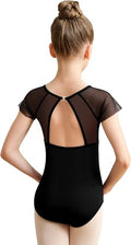 Girls Black Mesh Leotard Short Sleeve for 6-8 Years - Hollow Back Dance Wear