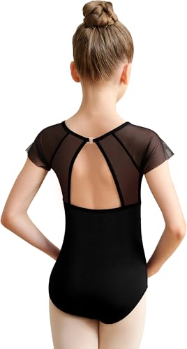 Girls Black Mesh Leotard Short Sleeve for 6-8 Years - Hollow Back Dance Wear