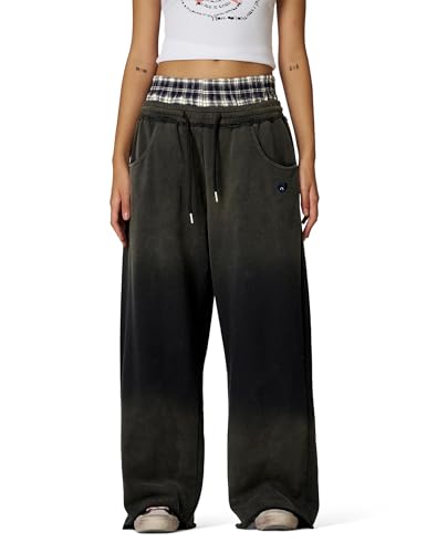 Large Dark Grey Double Waist Washed Baggy Sweatpants - Loose Wide Leg Casual Pants with Pockets