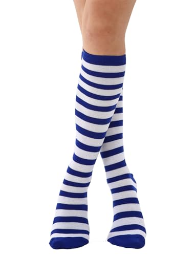 Women's Casual Striped Knee High Athletic Socks - Royal Blue & White, One Size