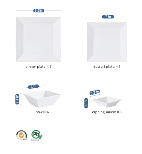 White Square Dinnerware Set for 6 - 24 Pieces, Porcelain Plates & Bowls