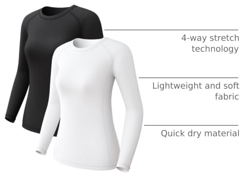 Women's Long Sleeve Compression Shirt Sun Protection Workout Underscrubs - Small, 2 Pack Black & White