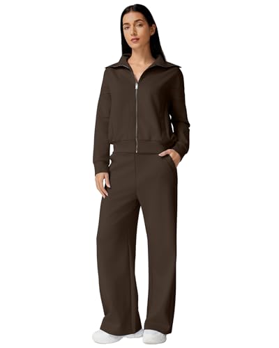 Women's Cotton 2 Piece Sweatshirt & Wide Leg Pants Tracksuit Set - Large / Brown