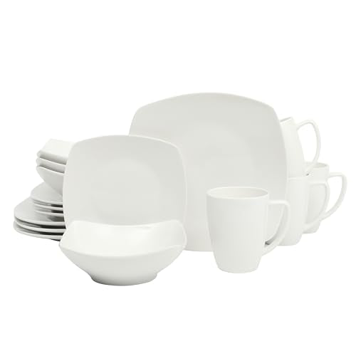 Gibson Home Zen Buffet White Porcelain Dinnerware Set for 4 - 16 Pieces, Square Plates Bowls & Mugs, Chip & Scratch Resistant, Dishwasher & Microwave Safe