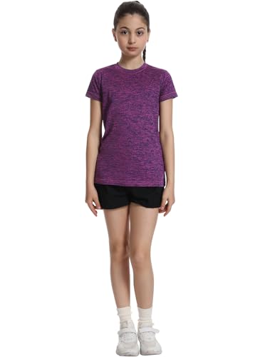 Girls Athletic T-Shirts Short Sleeve Dry Fit Tops 5 Pack - Medium Black Blue Green Red Purple