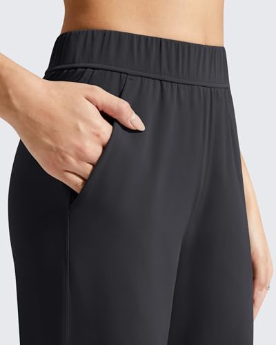 Petite Fit Women's Wide Leg Casual Pants with Elastic Waist and Pockets - Black