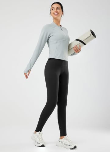 Fleece Lined Women's Thermal Leggings with Large Pockets - Black & Blue, Size Large