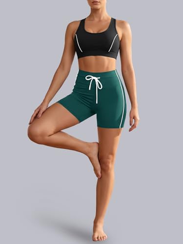 Aoysky Women's Biker Shorts with Stripe - 5 Inch Athletic Leggings, Medium, Green