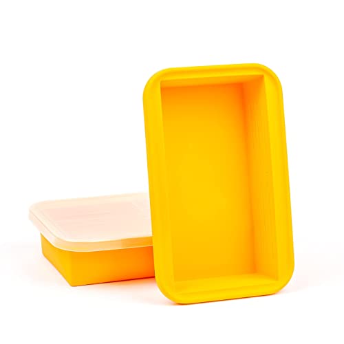(2 Pack) Large Silicone Freezer Food Containers - 6 Cup Yellow, Reusable BPA-Free Ice Trays with Lids & Measurement Lines