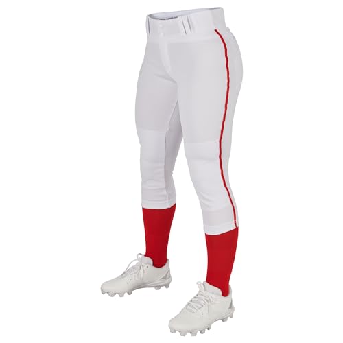 Girls Softball Pants with Braid - Large White & Scarlet Pipe, Low-Rise