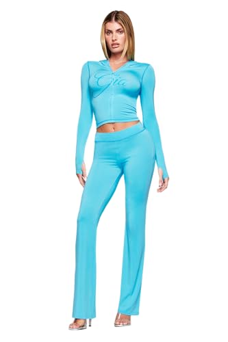 I.AM.GIA Women's Neon Blue Flare Leg Trackpants Small Semi Sheer Low Rise