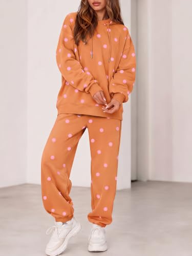 Fisoew Women's Polka Dot 2 Piece Set Large Brown Long Sleeve Hooded Top & Jogger Pants