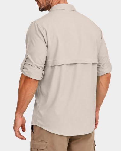Men's UPF 50+ Long Sleeve Fishing Shirt - Khaki, Large, Sun Protection Hiking Tee
