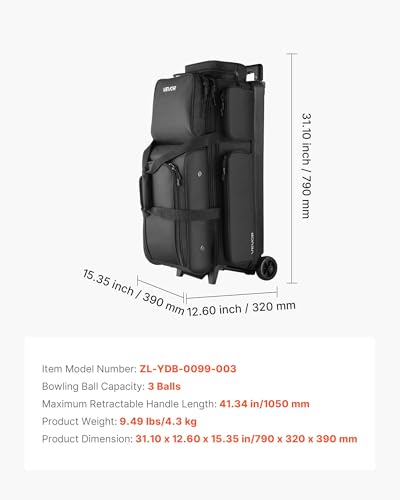 VEVOR Black Bowling Ball Bag for 3 Balls with Wheels & Shoe Compartment - Double Roller
