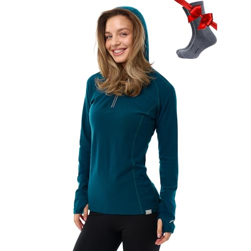Women’s Merino Wool Hoodie Medium Deep Teal Slim Fit Quarter Zip Base Layer