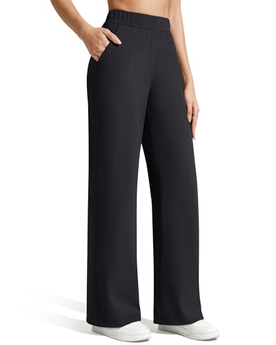 Petite Fit Women's Wide Leg Casual Pants with Elastic Waist and Pockets - Black