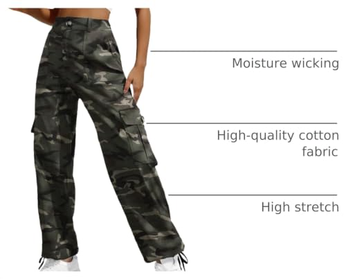 Lepunuo Women's High Waisted Cargo Pants - Travel Y2K Streetwear Baggy Stretchy with 6 Pockets, Drawstring, Ankle Cuffs, Large / Camouflage Green