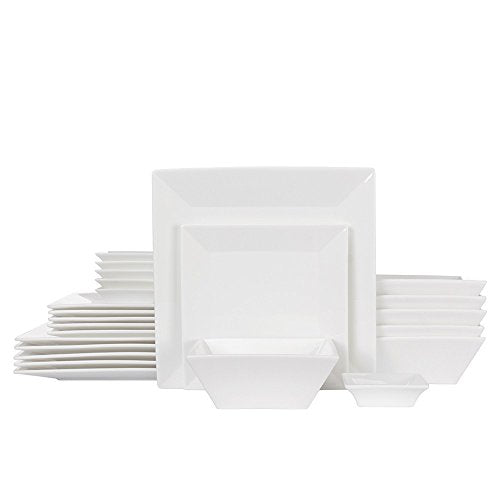 White Square Dinnerware Set for 6 - 24 Pieces, Porcelain Plates & Bowls