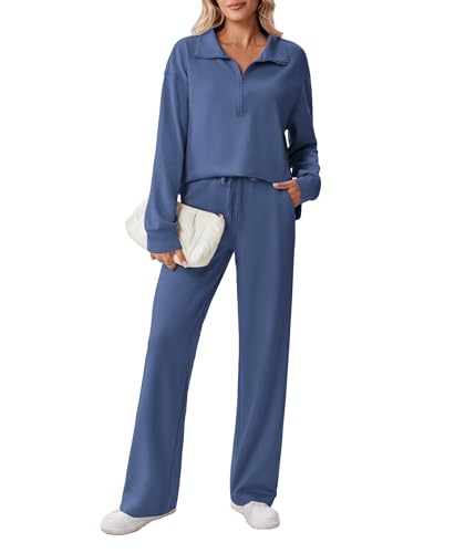 PINSPARK 2 Piece Women’s 1/2 Zip Sweatsuit Set Fall Matching Outfit - Petite / Large / Dark Blue