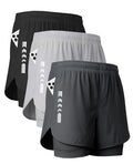 Men's 2-in-1 Running Shorts 5 Inch Gym Athletic Workout Shorts with Liner, Quick Dry, Zipper Pockets, 3-Pack - Black, Dark Grey, Light Grey