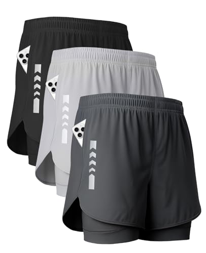 Men's 2-in-1 Running Shorts 5 Inch Gym Athletic Workout Shorts with Liner & Zipper Pockets - 3 Pack, Large - Black, Dark Grey, Light Grey