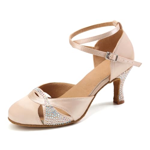 Women Rhinestone Latin Dance Shoes Ballroom Heels - 7.5 Beige, 7.5cm Heel