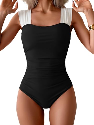 Women's One Piece Swimsuit Tummy Control Full Coverage Bathing Suit Large Black & White