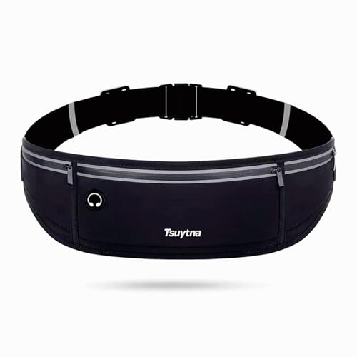 Black Running Belt for Women & Men with Water-Resistant Phone Holder, 3 Pockets, Reflective Safety Design