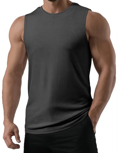 Mens Sleeveless Ribbed Tank Top - Workout Muscle Fit Gym T-Shirt Large Dark Grey