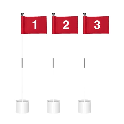 KINGTOP 3 ft Golf Flagstick & Hole Cup Set with Mini Flags - White Pole & Red Flag, 3-Pack