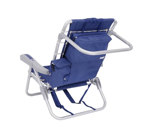 BeachMall Navy Heavy Duty Aluminum Folding Beach Chair with Cooler - 11-inch Seat Height, 5 Recline Positions, Backpack Design