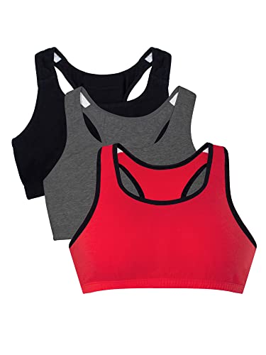 Fruit of the Loom Women's Wireless Cotton Sports Bra 3-Pack - Red Hot with Black & Charcoal, Size 38