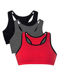 Fruit of the Loom Women's Wireless Cotton Sports Bra 3-Pack - Red Hot with Black & Charcoal, Size 38