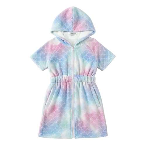 Girls Hooded Swim Cover Up with Zipper - Quick Dry Terry Cloth Wrap for Pool & Beach, Ages 4-14