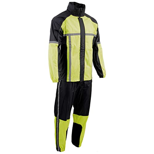 Men's Water-Resistant Motorcycle Rain Suit - Neon Green, Large with Hi Vis Reflective Tape