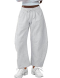 SeekMe Women’s Barrel Leg Sweatpants with Pockets, Drawstring Waist – Heather White, Medium