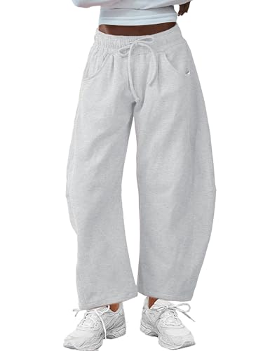 SeekMe Women’s Barrel Leg Sweatpants with Pockets, Drawstring Waist – Heather White, Medium