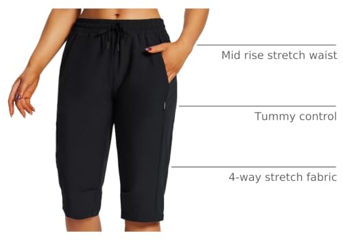 Baleaf Women's Hiking Shorts Below Knee Quick Dry Capris - Large Black