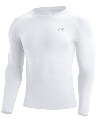 Men's Compression Shirt Long Sleeve Quick Dry Athletic Workout Gym T-Shirt SPF Running Top Base Layer - Medium White