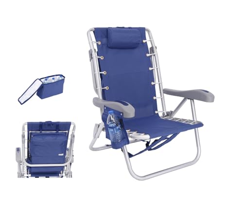 BeachMall Navy Heavy Duty Aluminum Folding Beach Chair with Cooler - 11-inch Seat Height, 5 Recline Positions, Backpack Design