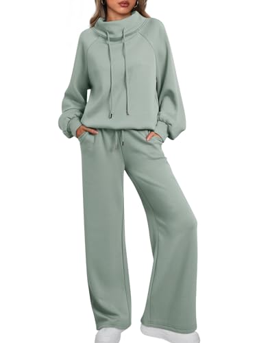 AUTOMET Womens Lounge Sweat Set - Mock Neck Two-Piece Sleepwear, Medium Sage Green