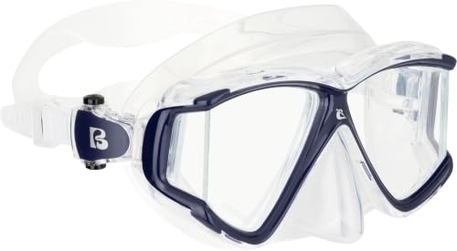 Cressi Adult 4-Lens Snorkel & Mask Set - Quattro + Pulse, Dry-Top, Clear/Blue Navy