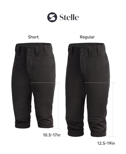 Girls Softball Pants Knickers Style with Pockets - Youth Kids, Regular 12.5-19" Inseam, Black